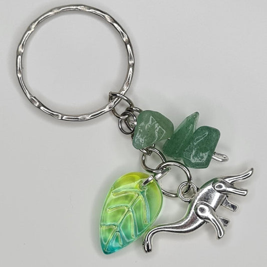 Handmade dinosaur crystal beaded leafy keyring/bag charm