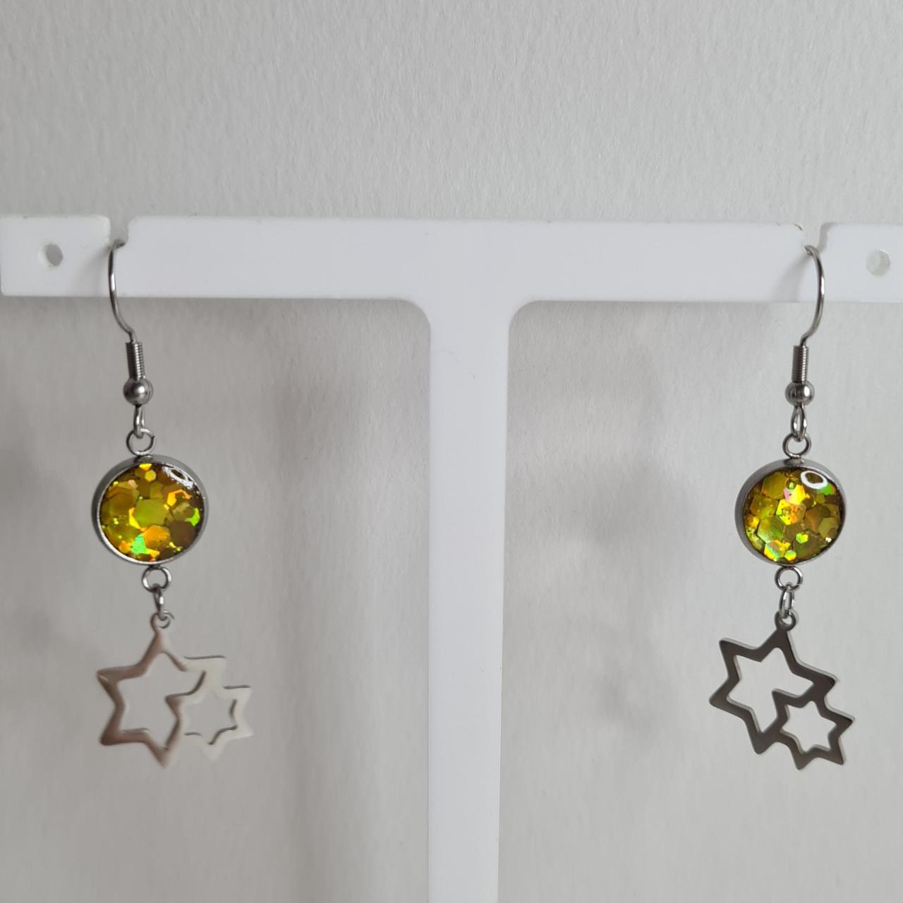 handmade glitter resin centre star drop hook earrings