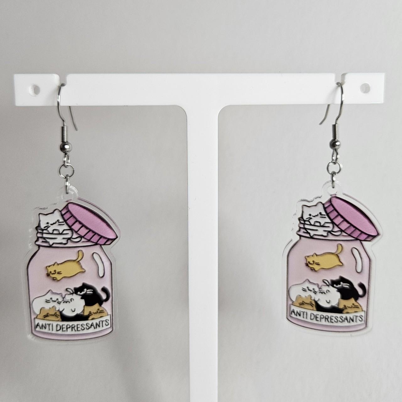 handmade anti-depressent kitties acrylic flatback hook earrings