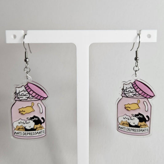 handmade anti-depressent kitties acrylic flatback hook earrings