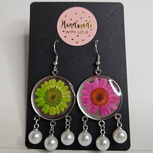 handmade circle drop with REAL flowers and chained pearls hook earrings