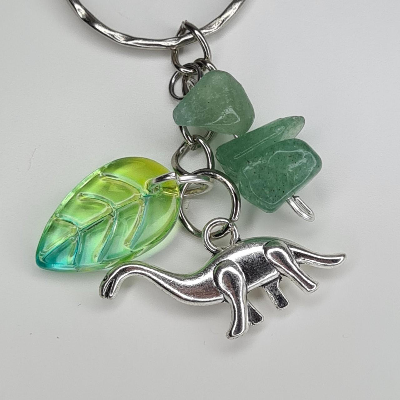 Handmade dinosaur crystal beaded leafy keyring/bag charm