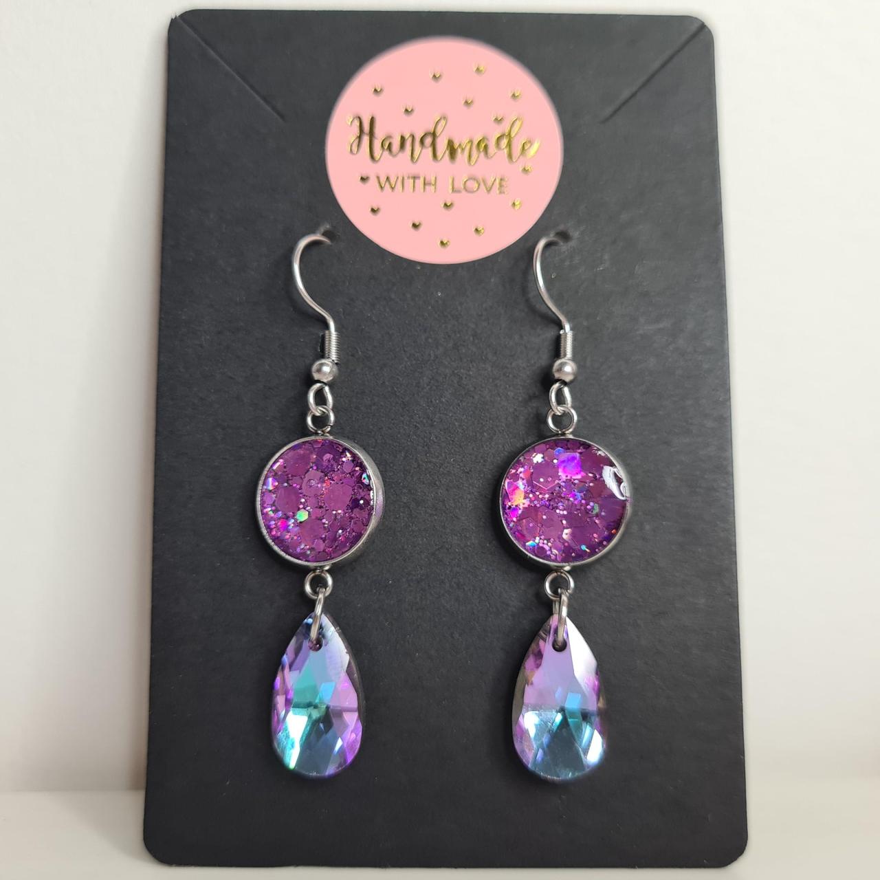 handmade glitter resin centre teardrop crystal hook earrings