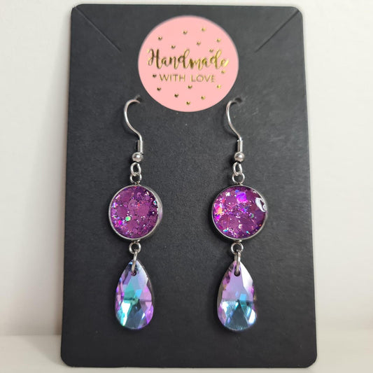 handmade glitter resin centre teardrop crystal hook earrings