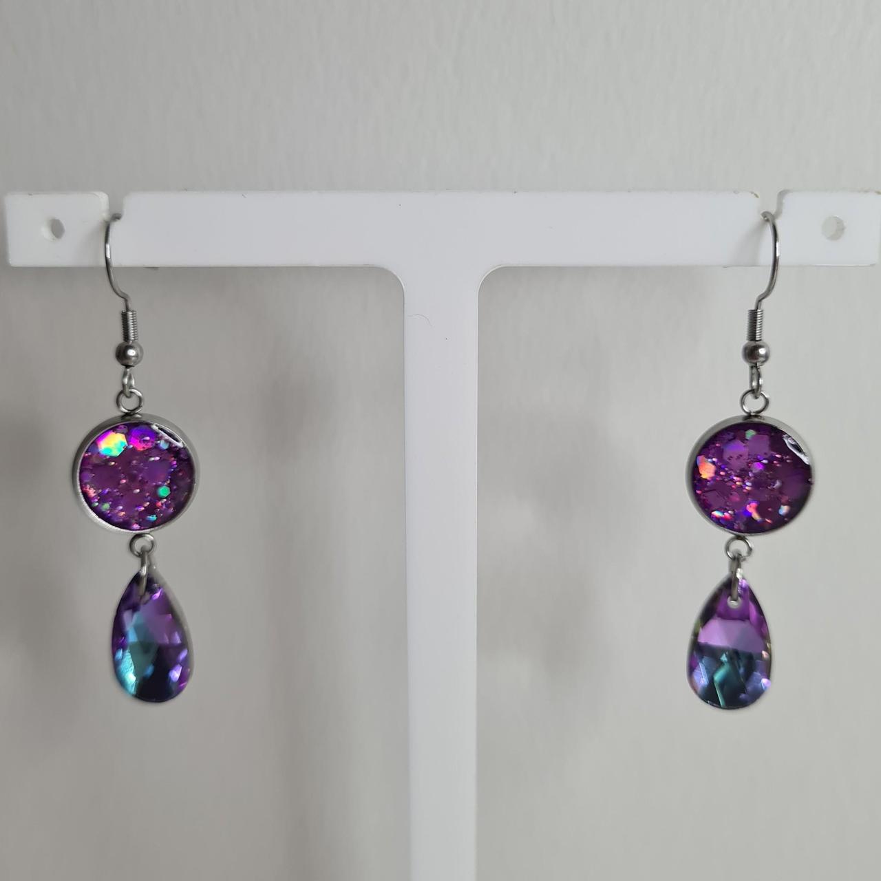 handmade glitter resin centre teardrop crystal hook earrings