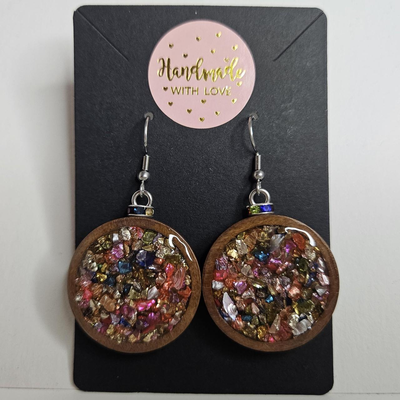 handmade wooden circles with crushed crystal centre hook earrings