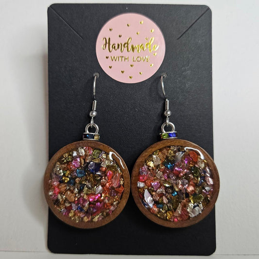 handmade wooden circles with crushed crystal centre hook earrings