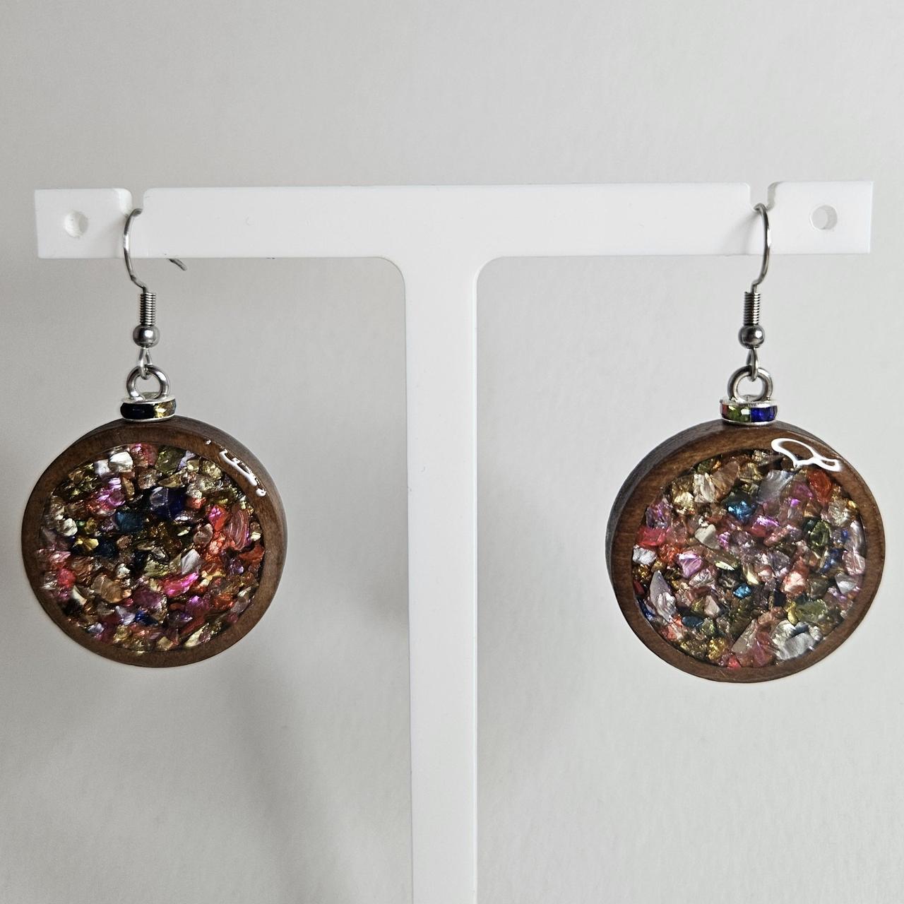 handmade wooden circles with crushed crystal centre hook earrings