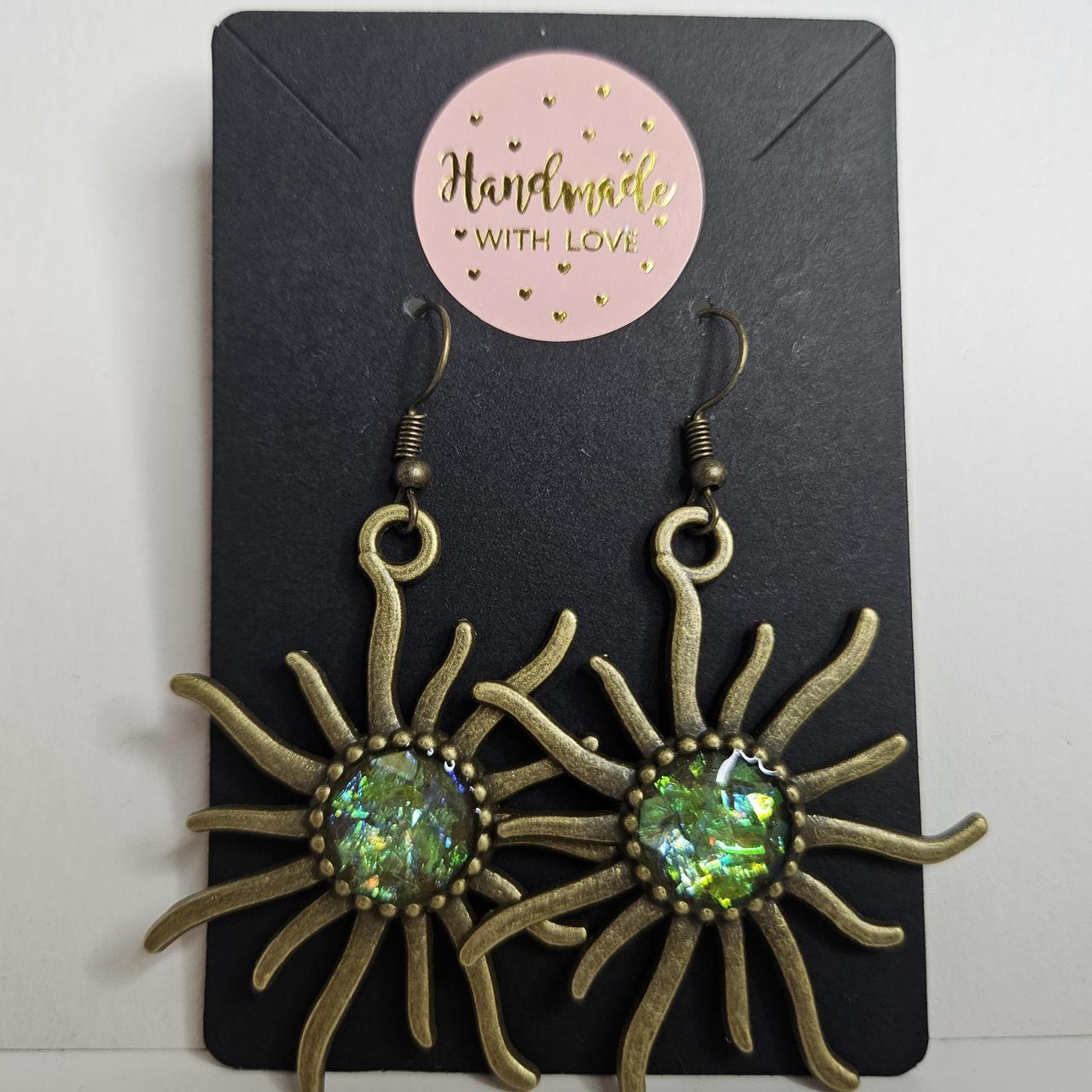 handmade brass sun with holographic glitter centre hook earrings